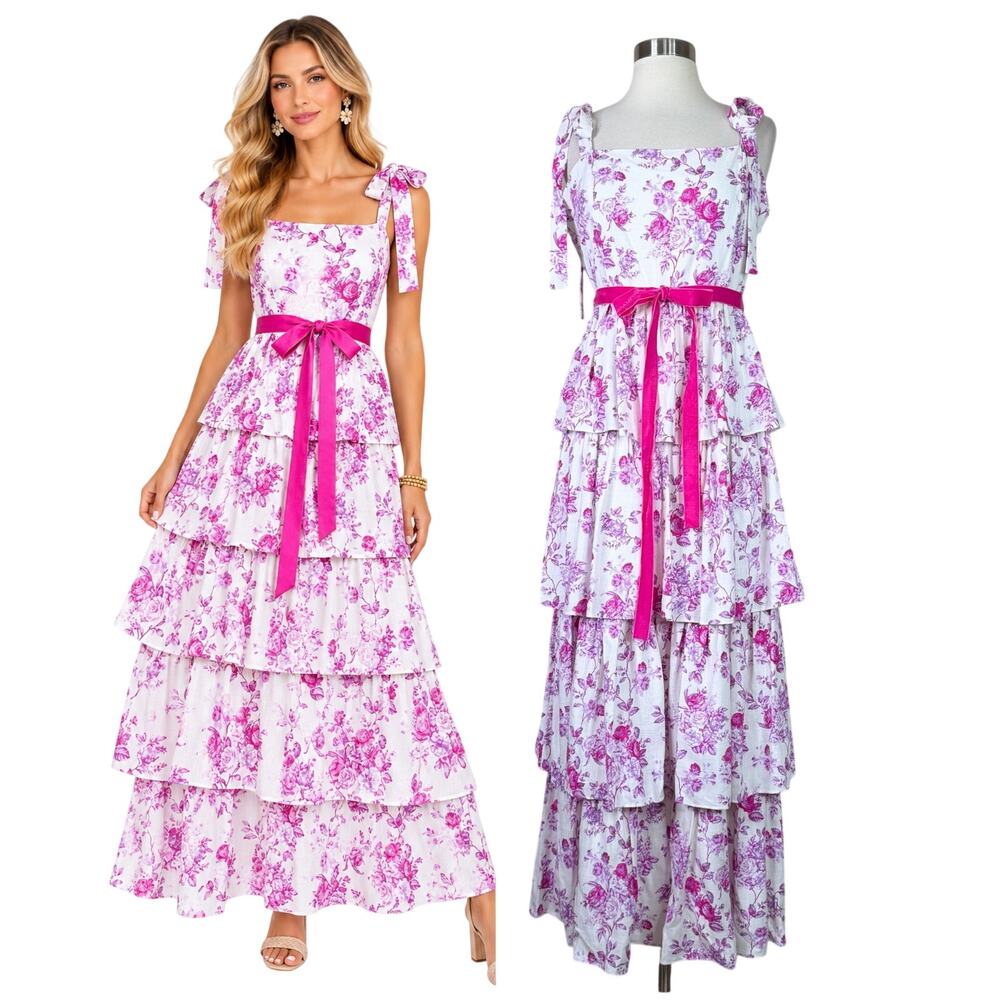 TCEC | Floral Pink Purple Ruffle Tiered Square Neck Tie Shoulder Maxi Dress L